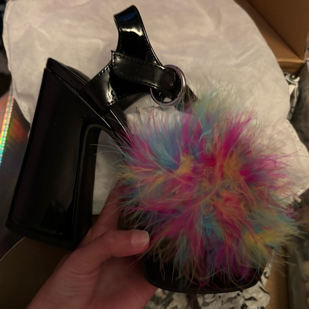 Dolls Kill Current Mood Rainbow Marabou Heels Size 6